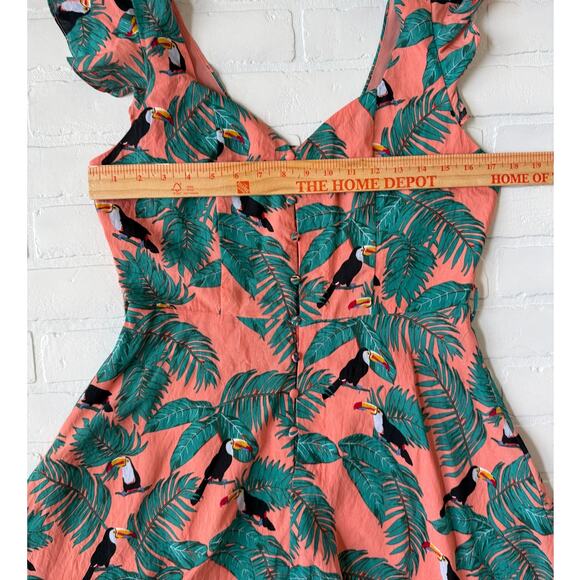 Glamorous Women's Peach Tropical Toucan Flutter Sleeve Fitted Dress -sz 12 - Picture 4 of 5